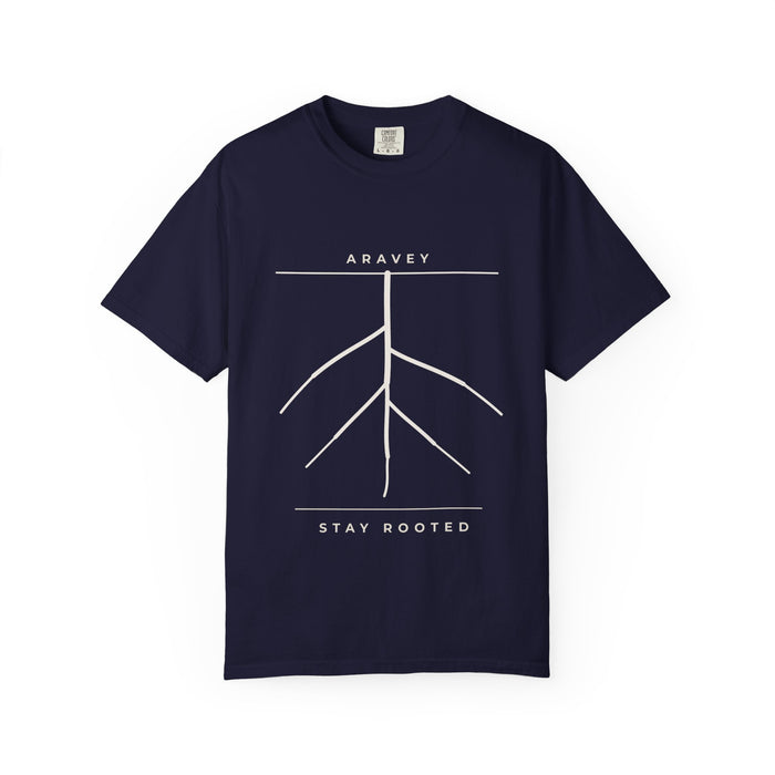 Aravey Rooted Depth Tee with root-system design and Stay Rooted