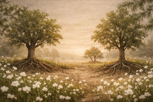 Two old trees with deep roots in a golden meadow at sunrise