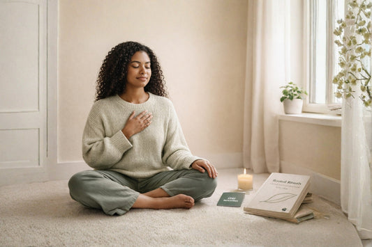 A woman sitting cross-legged in a calm, sunlit room with her hand on her heart